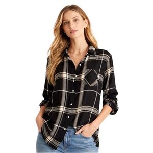 NWT Lucky Brand Black, White & Gold Plaid Button-Down Shirt Women’s M